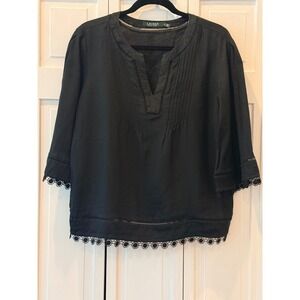 LAUREN Ralph‎ Lauren Black Linen 3/4 Sleeve Lace Trim Tunic Top M  Pintuck Boho